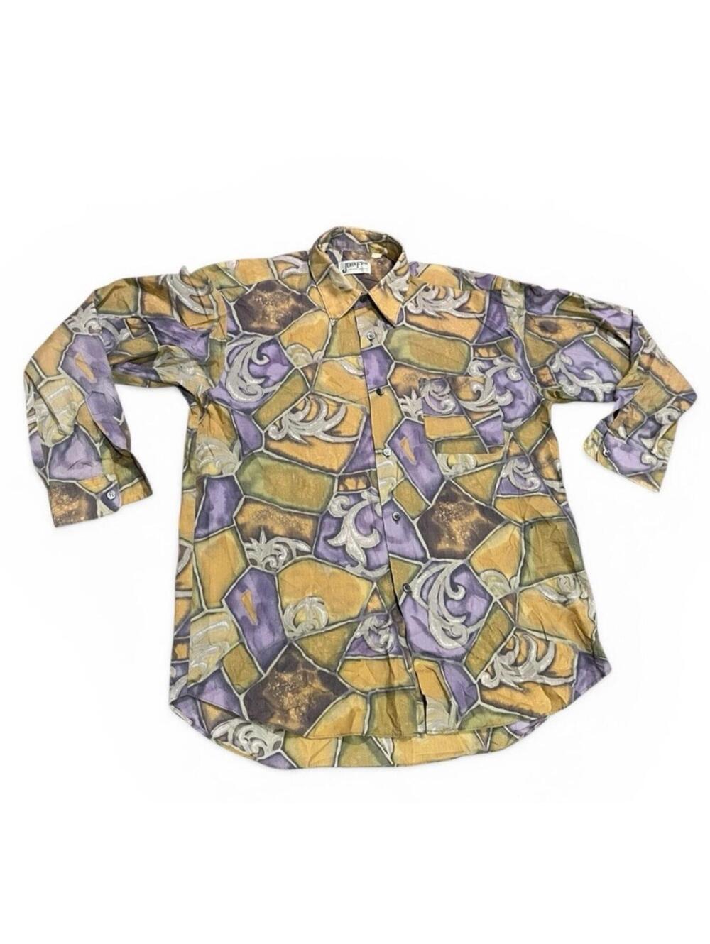 Vintage Abstract Print Button Up Shirt Mens M 90s Baroque Pattern Retro